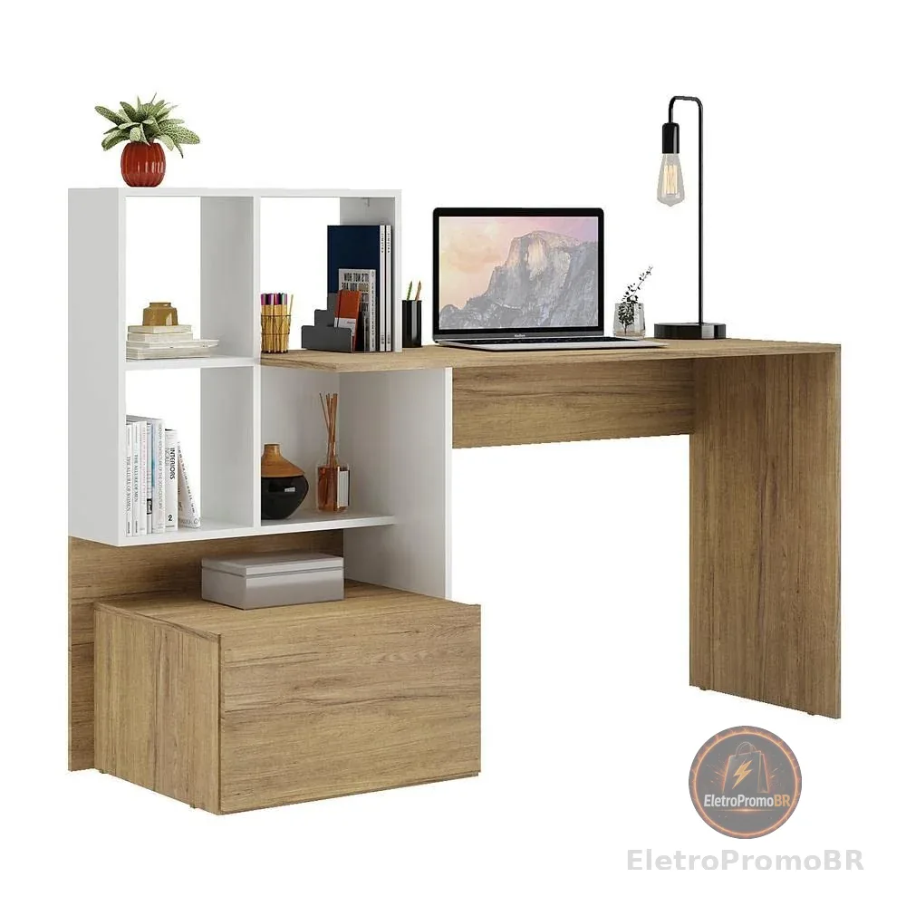 Mesa Escrivaninha Atlantis Multimóveis Branca/Rustic com Espaço para PC – Perfeita para Escritório e Estudo