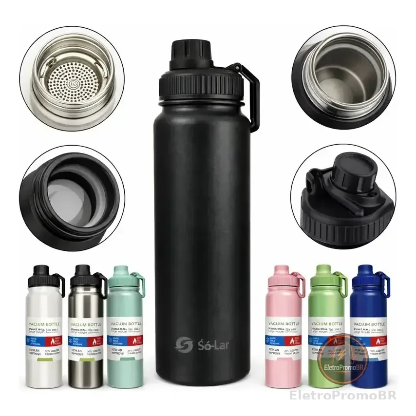 Garrafa Térmica 800ml Água Gelada Squeeze Inox Academia Café Quente Só-lar Preto