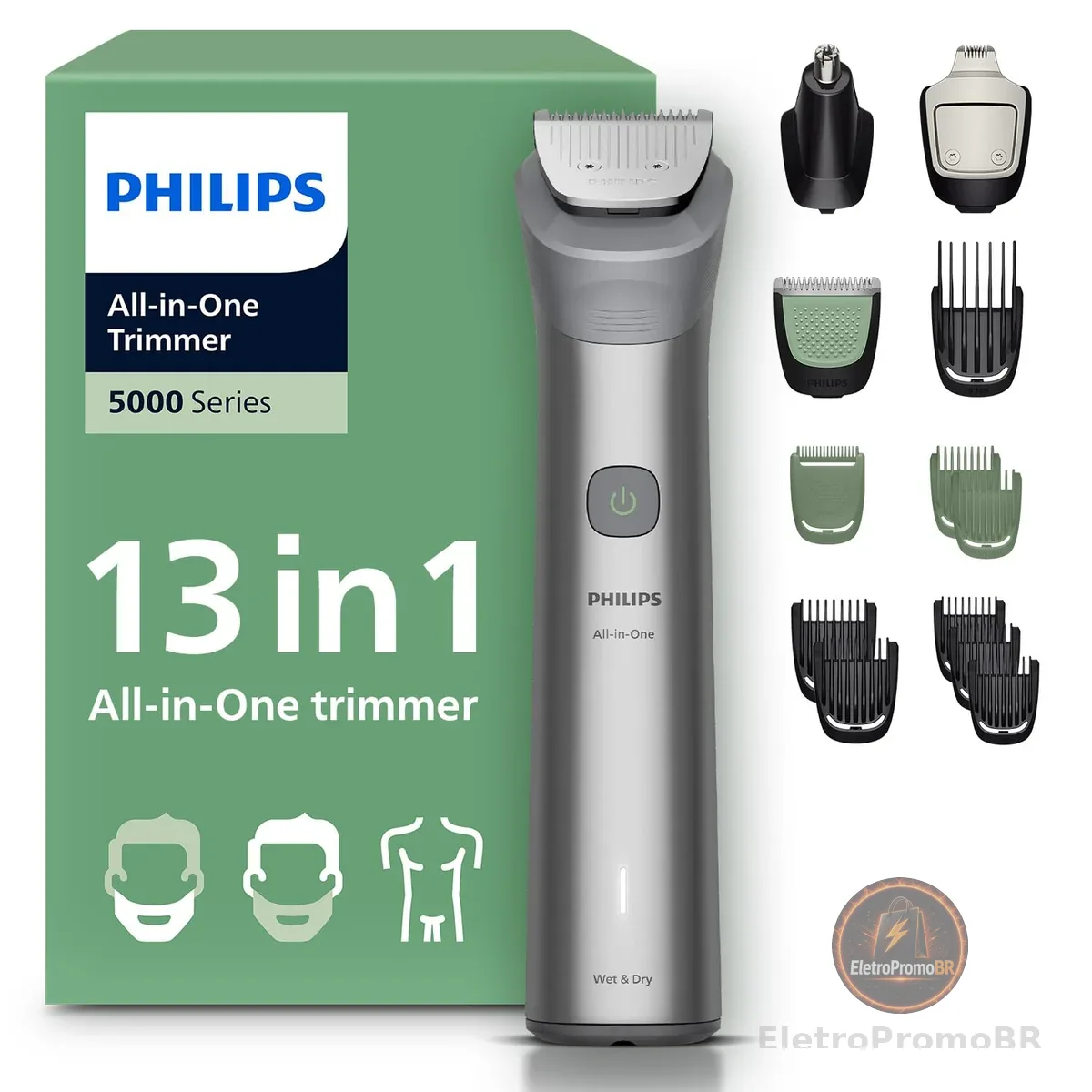 Aparador de Pelos Philips All-in-One 13 em 1 Série 5000 | Máquina para Rosto, Cabelo e Corpo | Barbeador Elétrico Multigroom à prova d'água | MG5942/15