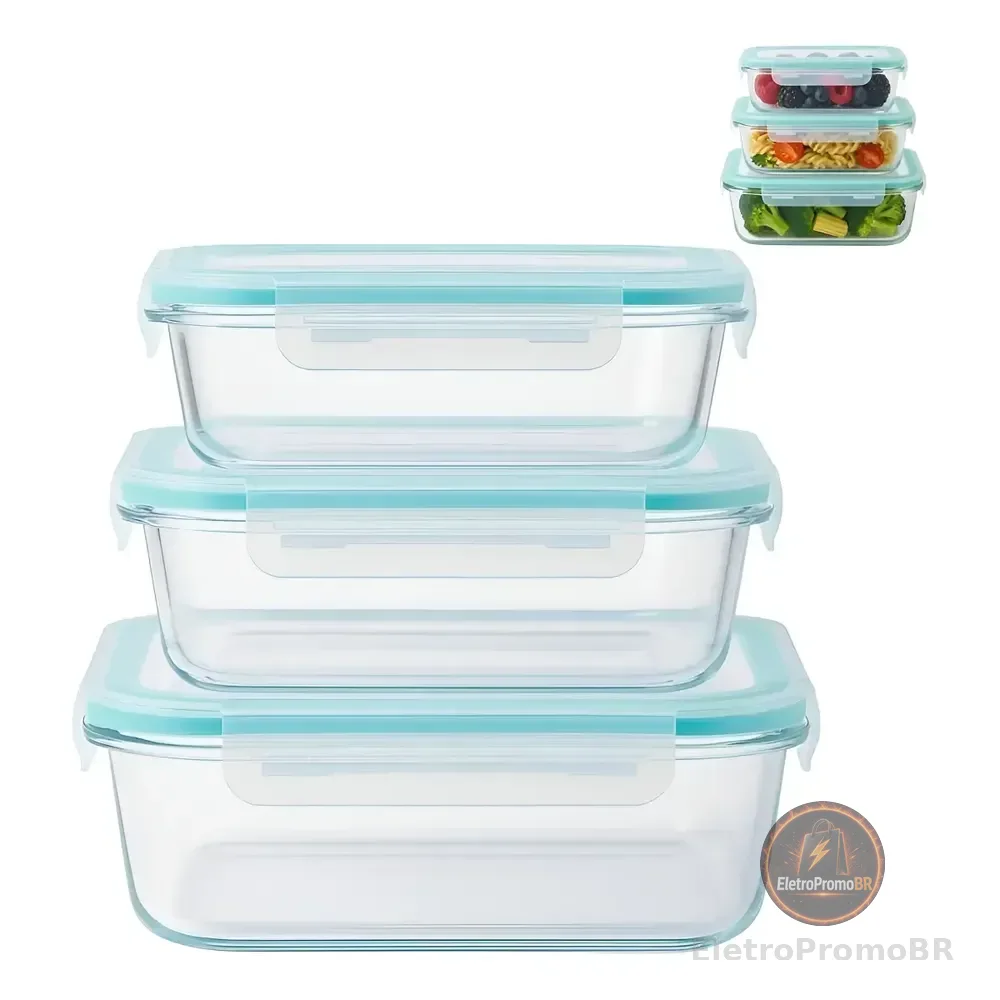 Kit 3 Potes Vidro Herméticos Com Tampas Link Buy Retangulares Azul Azul-celeste