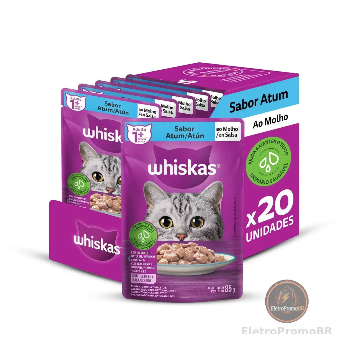 Pack Ração Úmida Whiskas Sachê Atum ao Molho para Gatos Adultos 85 g - 20 unidades