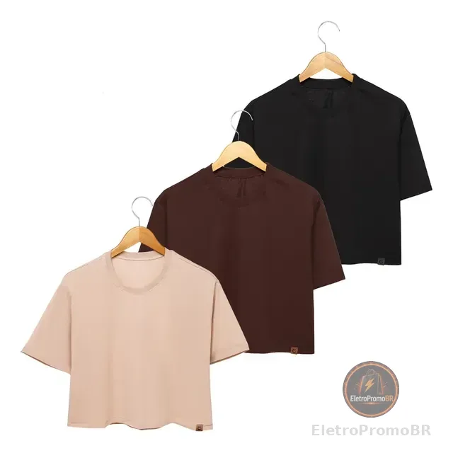 Kit 3 Cropped Feminino Oversized Academia Malha Premium 100%