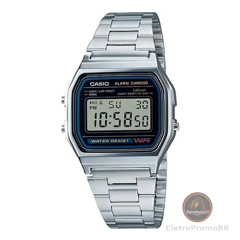 Relógio Unissex Casio Digital Esportivo A158wa-1df Prata Retrô Vintage Pulseira Em Aço Inoxidável Prateado Cinza