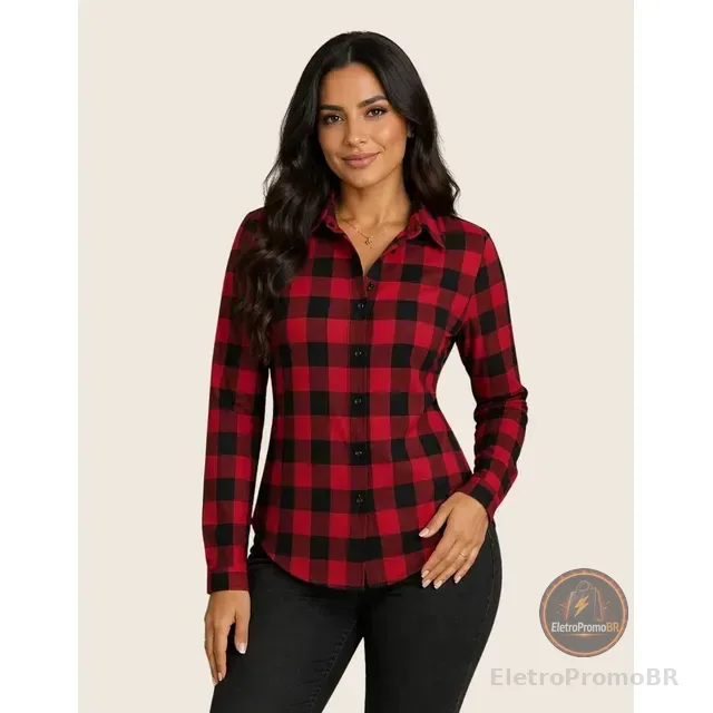 Camisa Xadrez Longa Blusa Manga Festa Junina Social De Botão