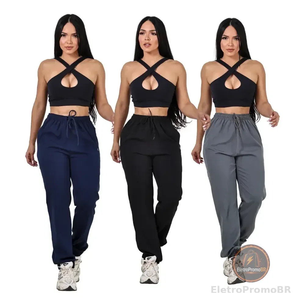 Kit 3 Calças Jogger Femininas Secagem Rápida E Conforto Preto - Marinho - Cinza Escuro Liso G