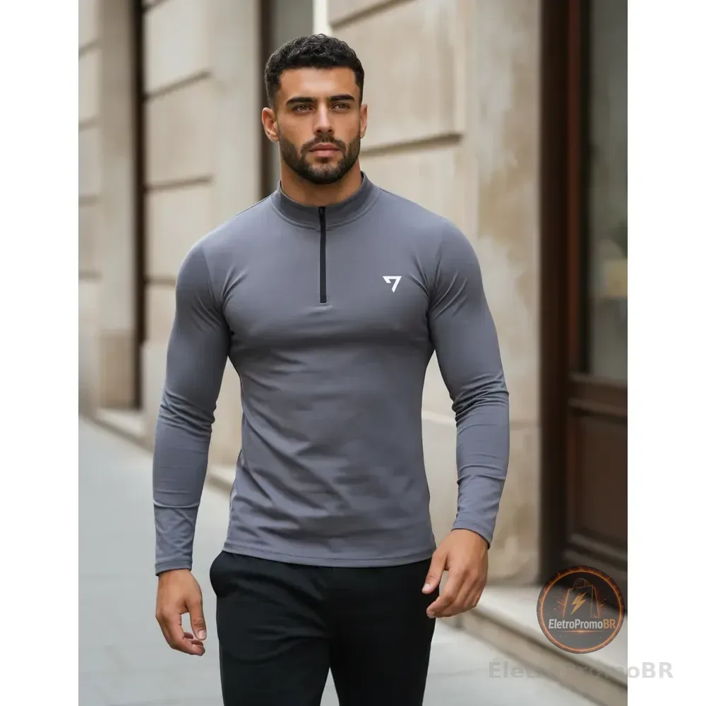 Camisa Térmica Masculina Segunda Pele Manga Longa Com Zíper Cinza G