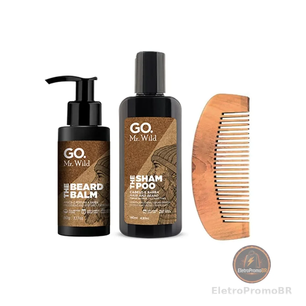 Kit Barba Mr Wild Shampoo Balm Pente antiestático barba maciez suprema Go Man