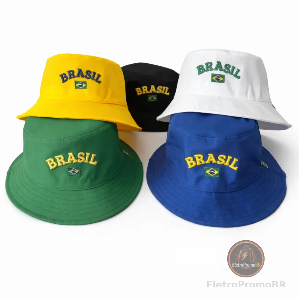 Chapéu Bucket Hat Brasil Bordado Copa do Mundo Chapéu Pescador Unissex Verde Amarelo Torcida