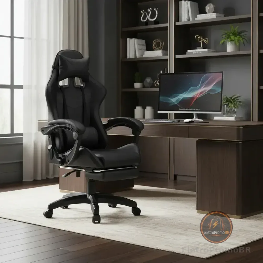 Cadeira De Escritório Gamer Nitro Ergonômica Estofado Couro Sintético Reclinável Altura Ajustável Apoio Para Pés Cor preto luvinco