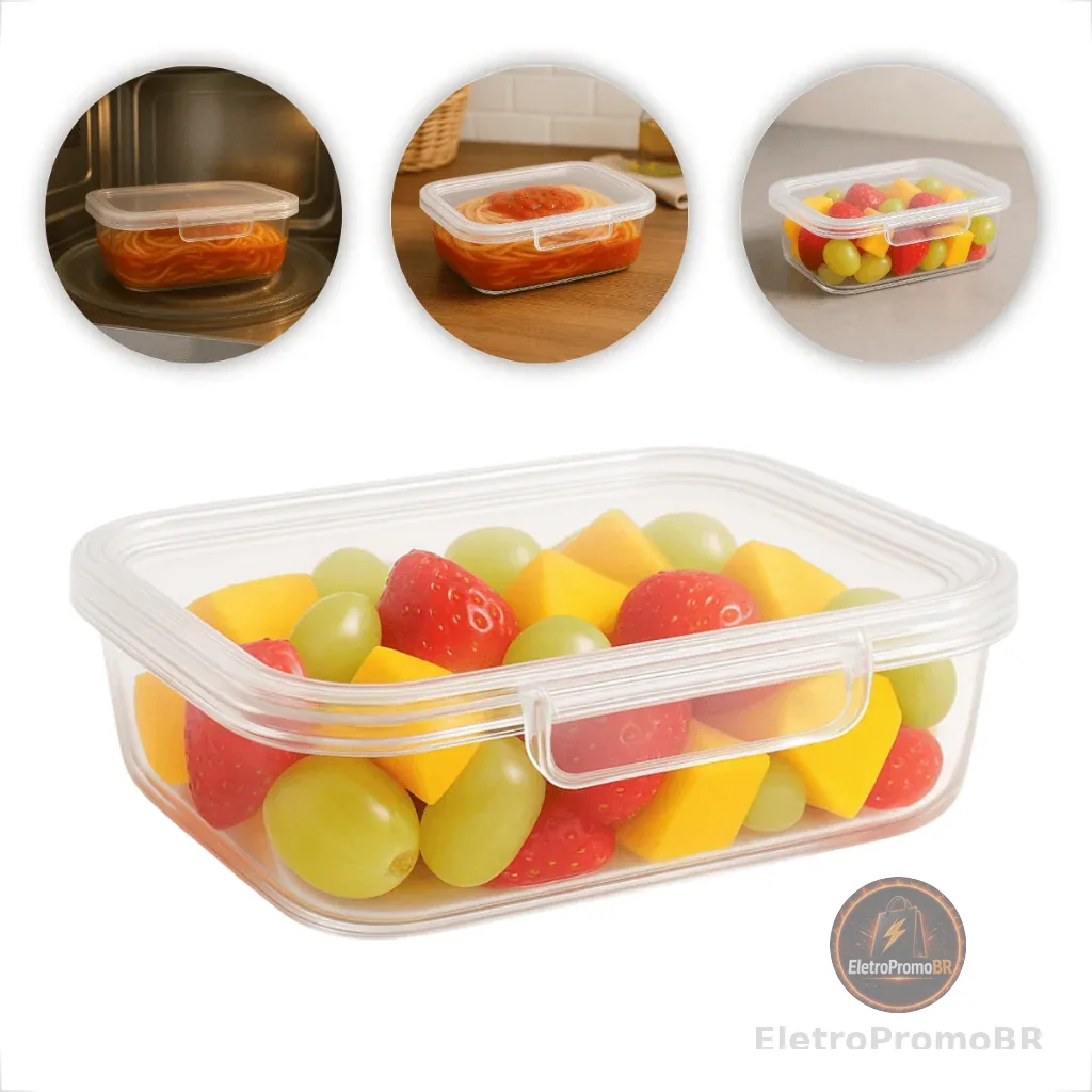 Kit Pote Marmita Fitness 500ML com Trava Lateral P/ Microondas Geladeira Dieta e Almoço