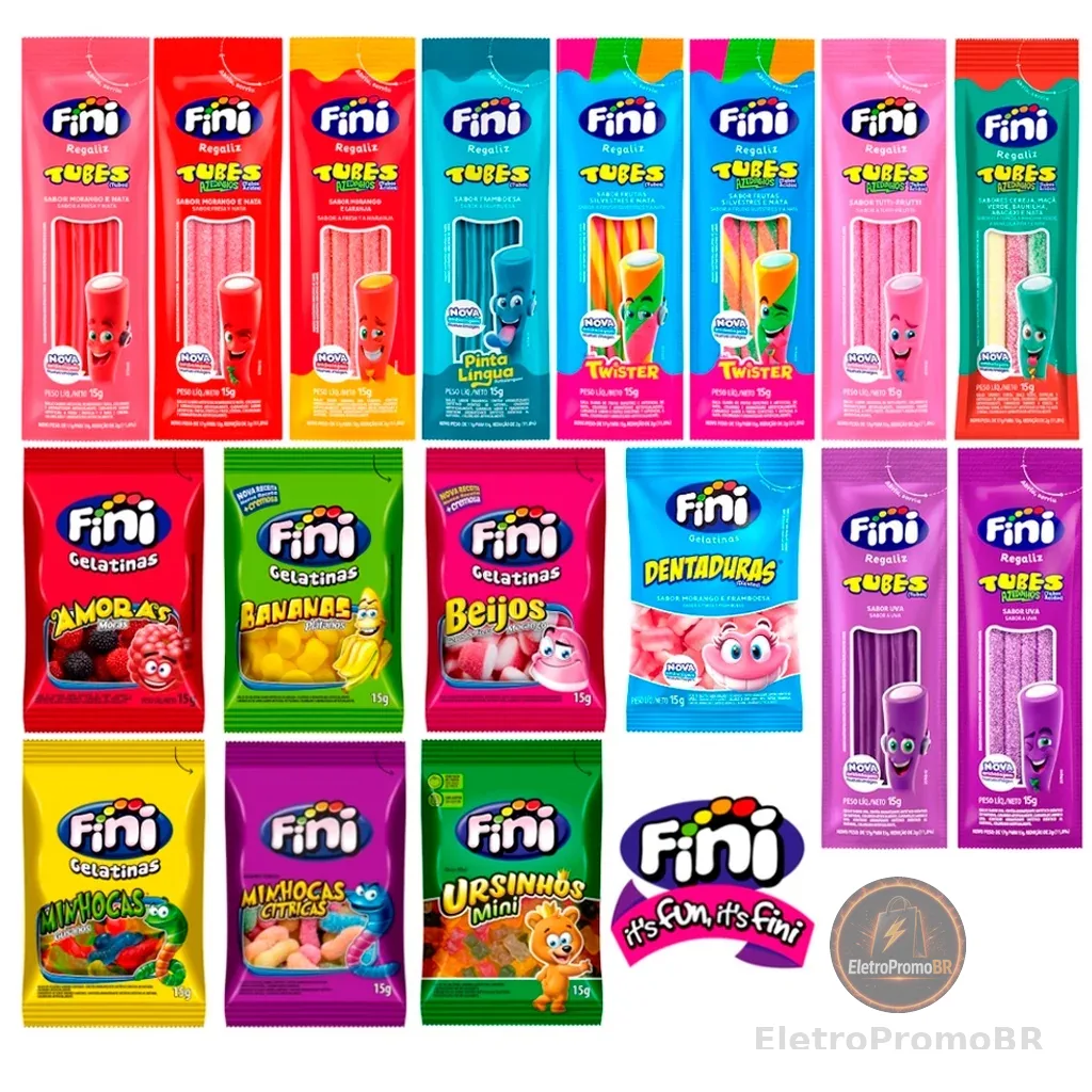 Kit C/60un Balas Fini Sabores Variados Balas de Gelatinas Tubes Cítricas Azedinhas 15g