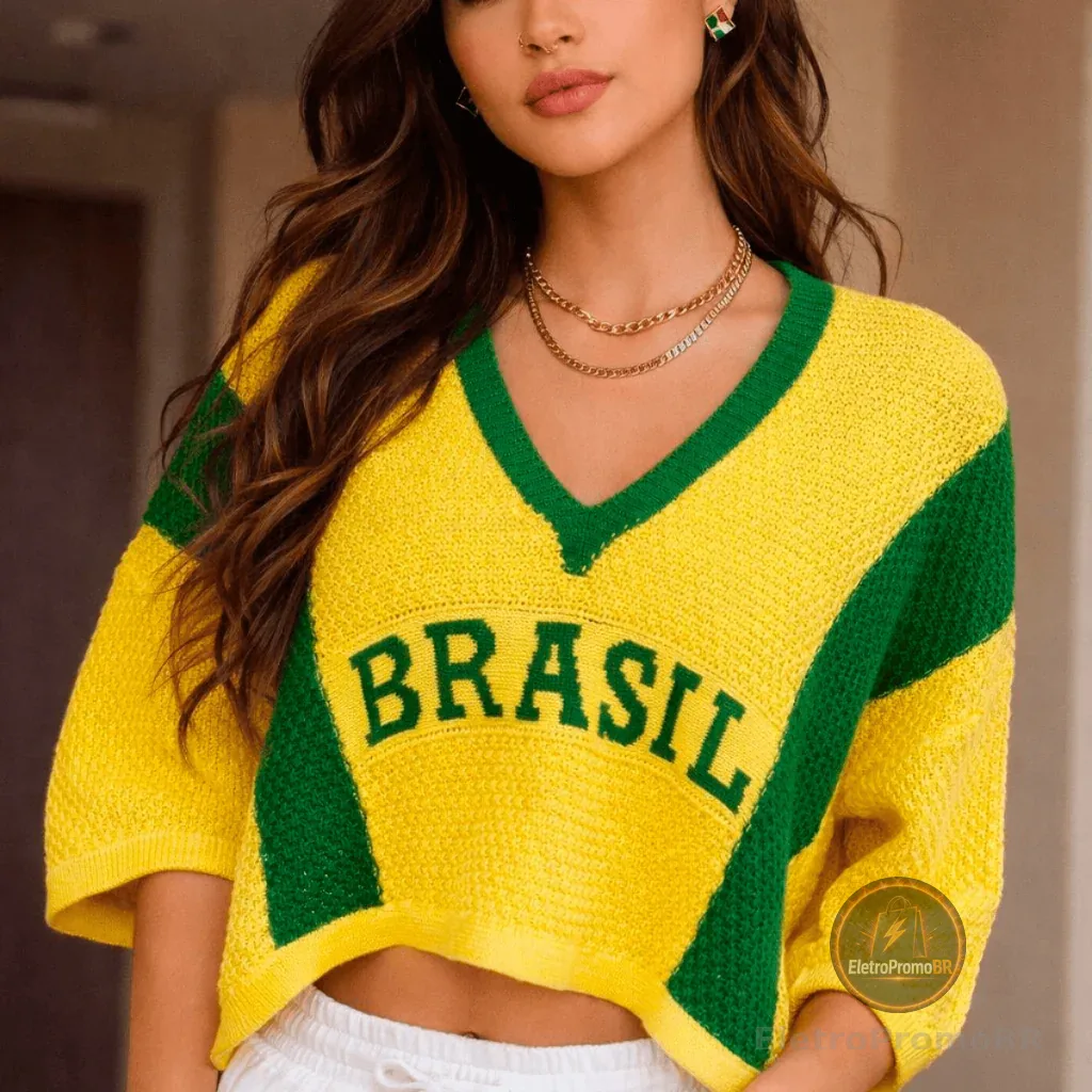 Blusa Feminina Cropped Manga 3 Quartos Brasil Copa Elegante Casual Tricot Básico