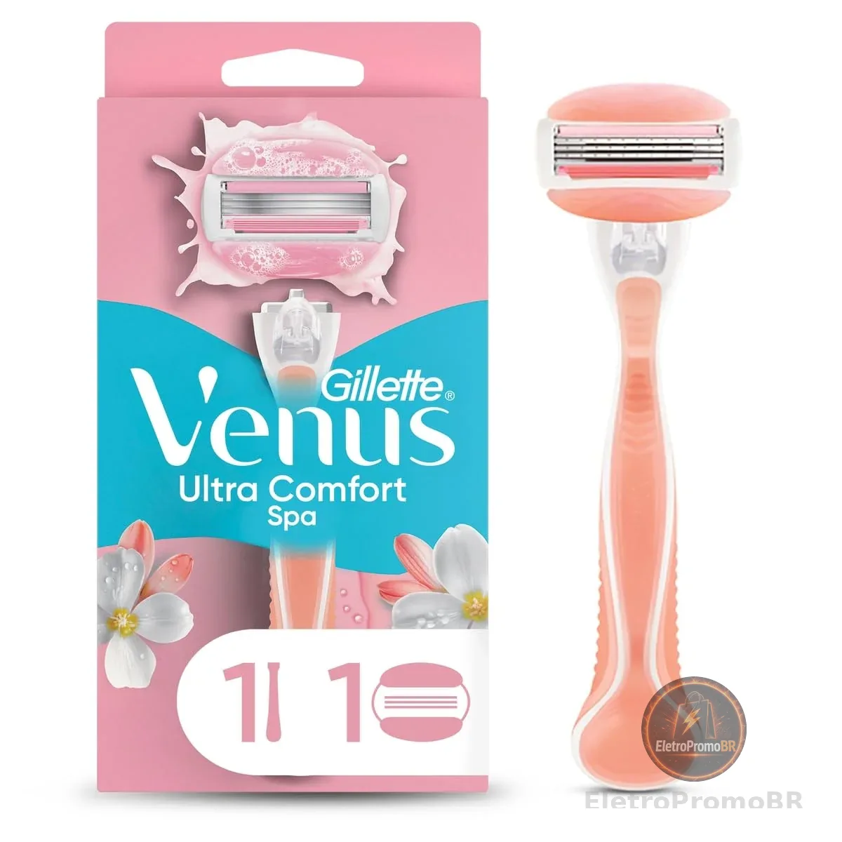 GILLETTE Venus Ultra Comfort Spa, Aparelho de Depilação Feminino, 1 Cabo + 1 Carga para Aparelho Venus com Barras Umectantes e Óleos Botânicos, Depilação Corporal