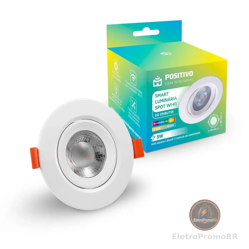 Smart Luminária Spot Wi-Fi de Embutir Positivo Casa Inteligente com Iluminação Branca e RGB, LED, 5W, Bivolt, Compatível com Alexa e Google Assistente