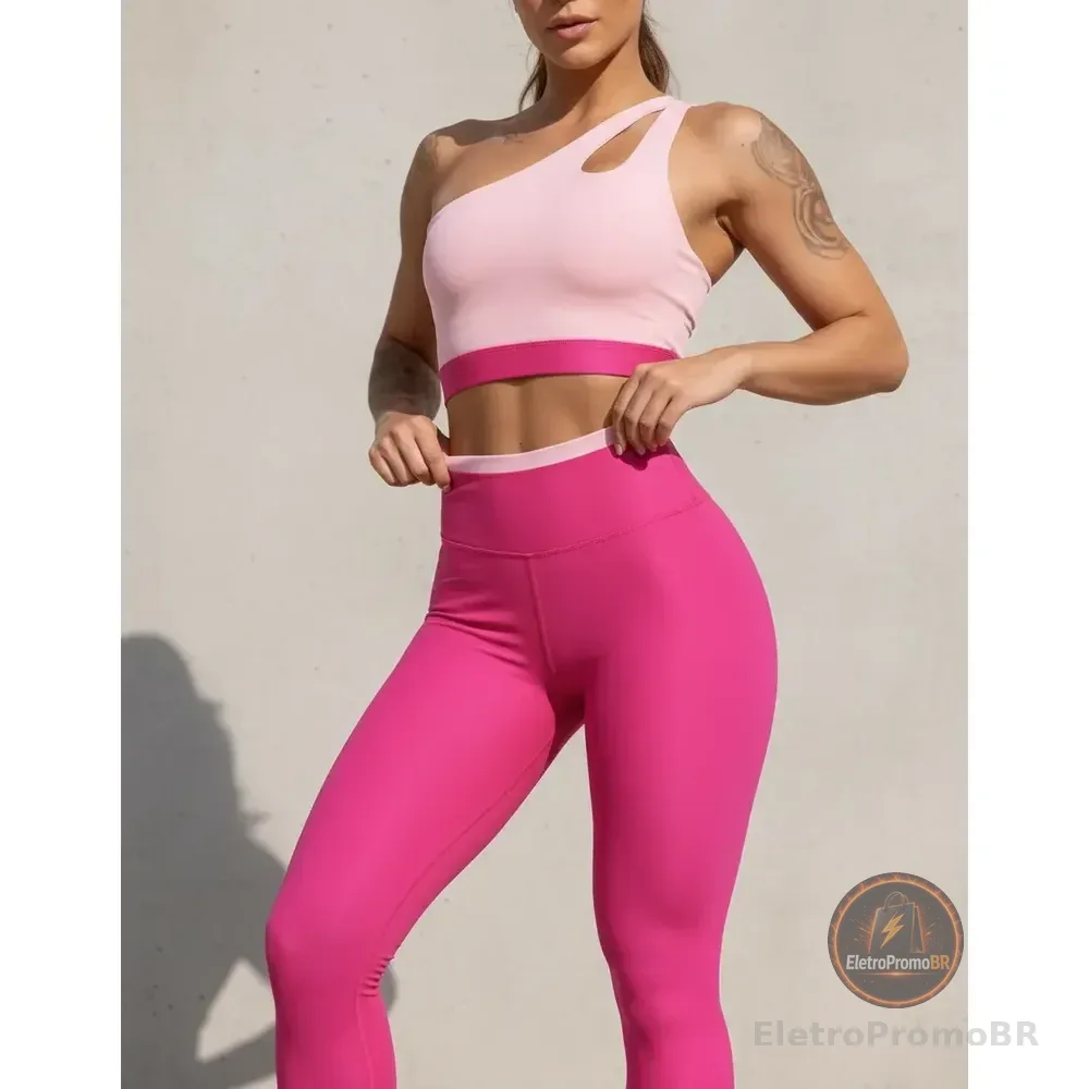 Conjunto Feminino Fitness Calça Legging Cós Alto E Top Gota Rosa Bebê/ Pink M 38/40