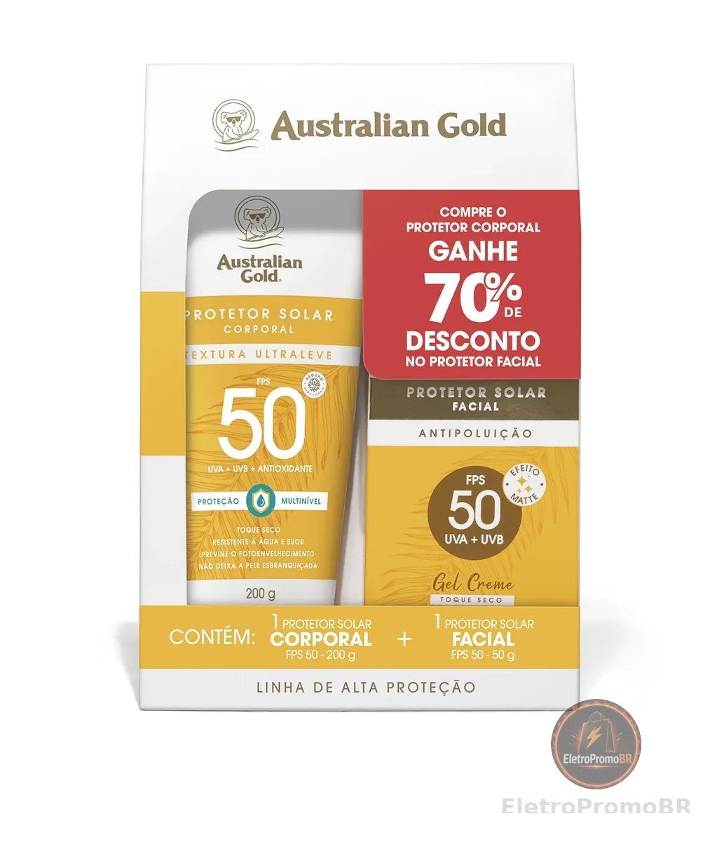 AUSTRALIAN GOLD PROMOPACK PROTETOR SOLAR GEL CREME CORPORAL/FACIAL FPS 50 200 G/ 50 G