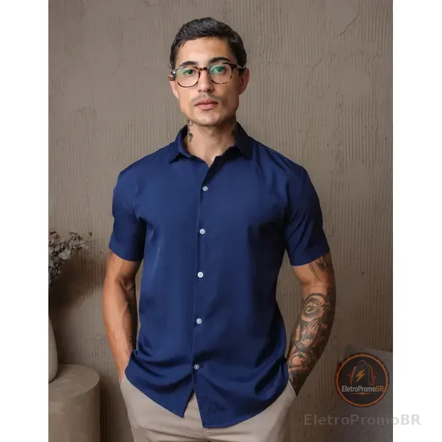 Camisa Social Masculina Gola Italiana Confortável