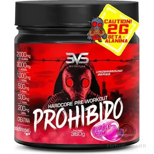 Pré Treino 3vs Hardcore Prohibido Bubble Gum 360g Beta Alanina, Creatina Chiclete