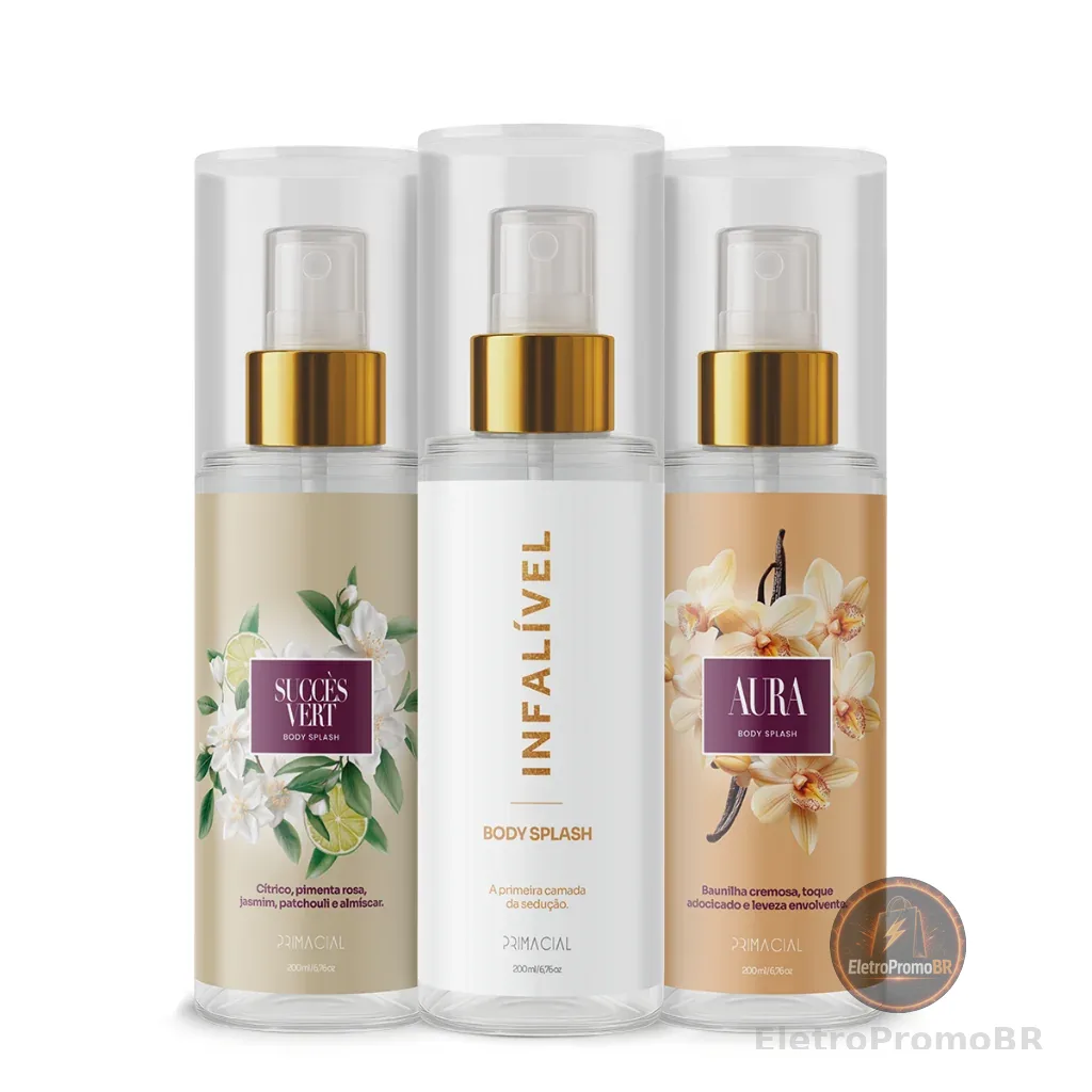 KIT BODY SPLASH FEMININO SUCCÈS VERT + AURA + INFALÍVEL 200ML - PRIMACIAL PERFUME FRESCO FLORAL