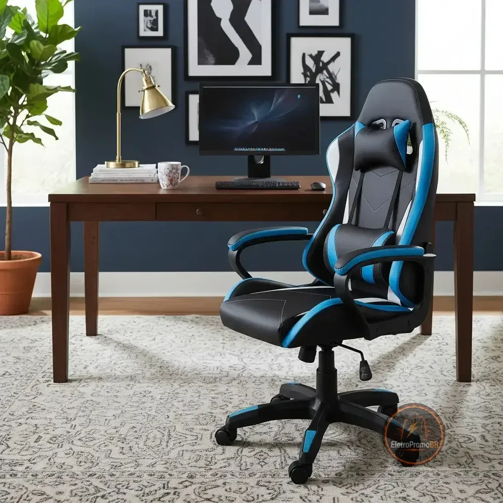 Cadeira Gamer Barata Ergonômica Python Fly Couro Sintético Cor Azul