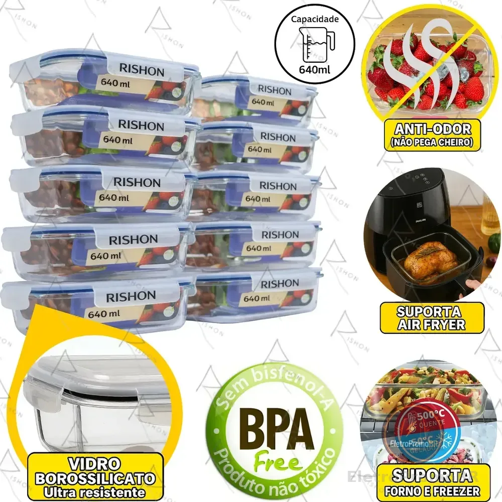 Kit 10 Pote De Vidro Marmita Hermético 640ml Freezer Fitness Rishon Azul-escuro