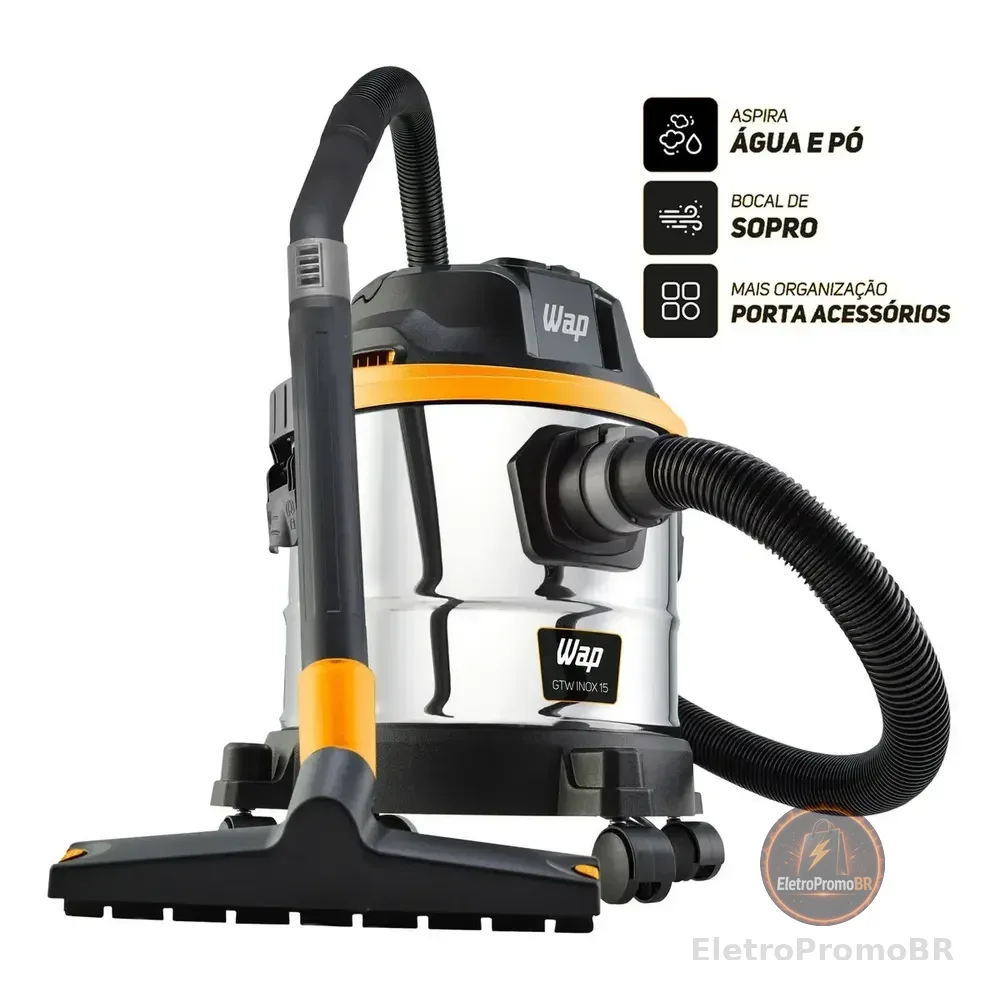 Aspirador De Pó E Água Wap Gtw Inox 15 Barril 1700w Com Bocal De Sopro E Acessórios Aço Inoxidável/preto/amarelo 220v