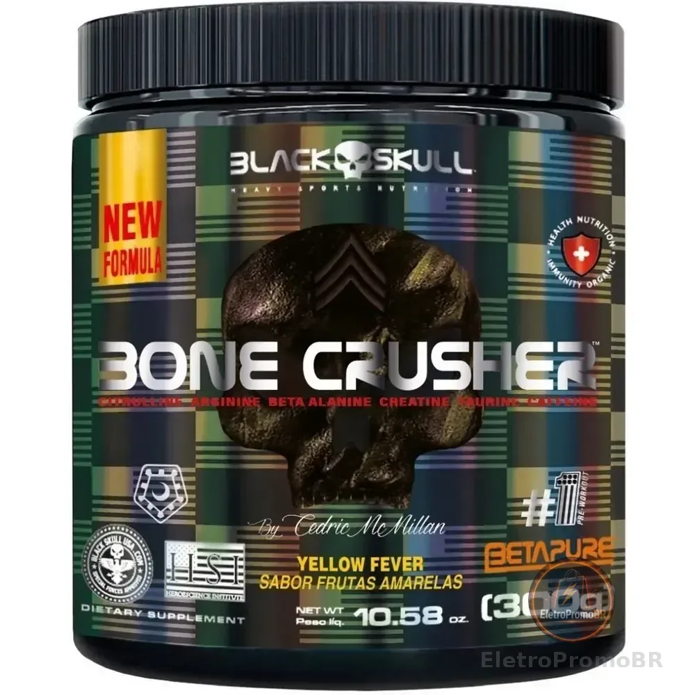 Pré Treino Bone Crusher Black Skull 300g Yellow Fever Sabor Frutas Amarelas