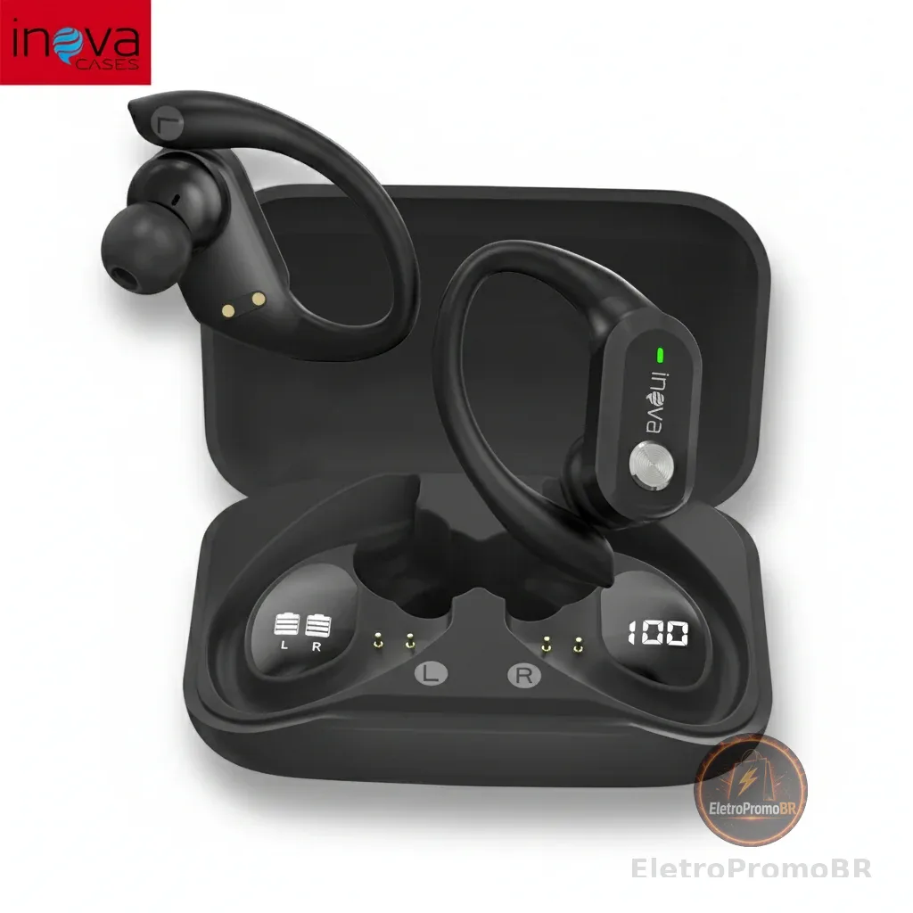 INOVA Fone de Ouvido Bluetooth Sem Fio Aberto Esportivo com Gancho 38h Bateria Display LED Cancelamento de Ruído