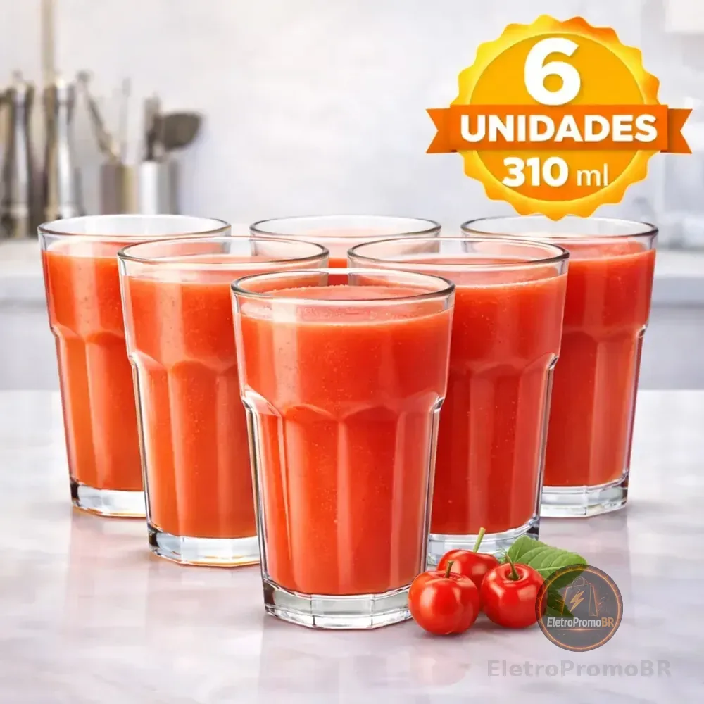 Jogo De Copos De Vidro Grosso 310ml Kit 6 Unidades Transparente Água E Suco Vapt Vupt