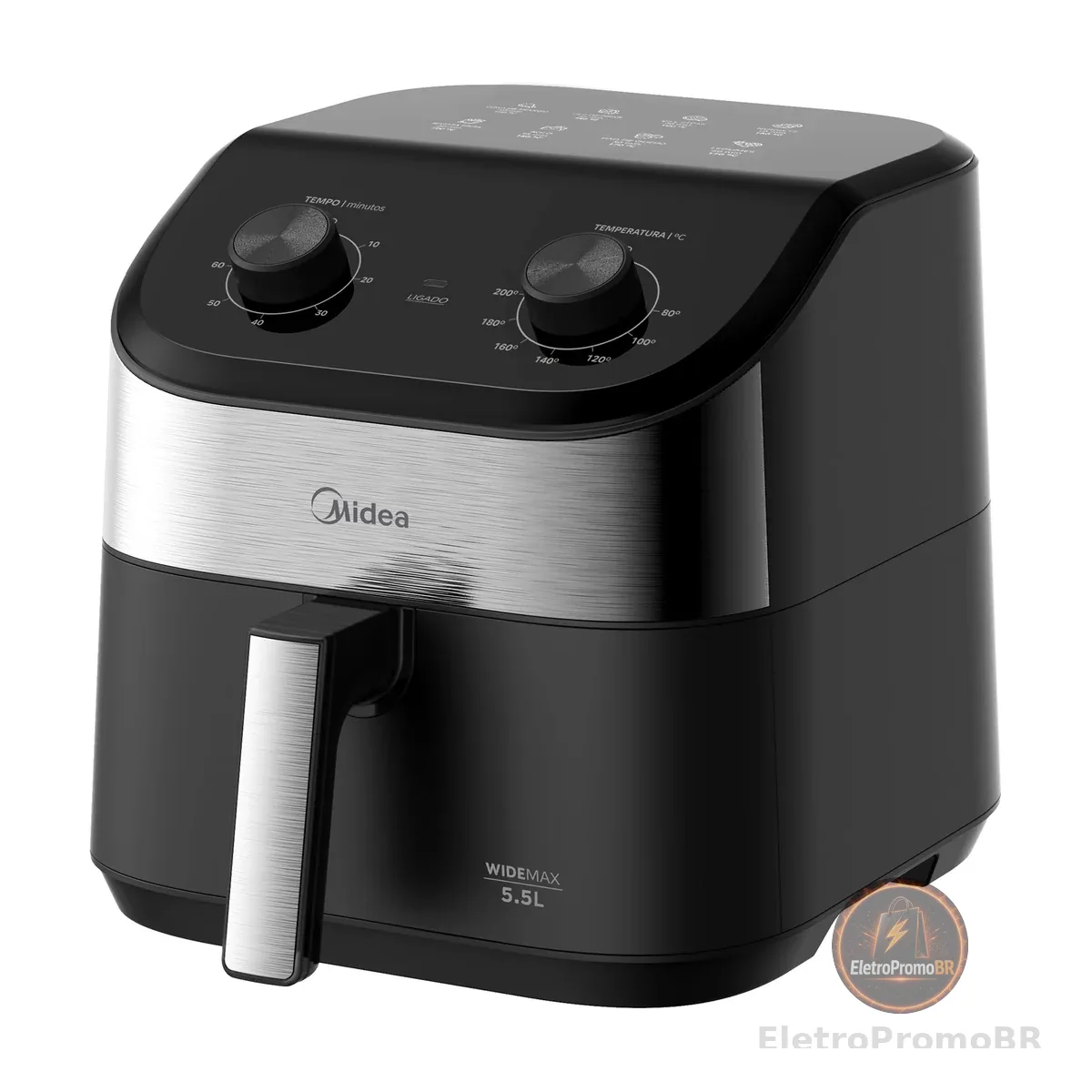 Fritadeira Midea Air Fryer 5,5L, design de dois botões, ampla faixa de temperatura de 80°C a 200°C, cesto antiaderente e prato para vegetais, 1900W, 220V, FWM55P2