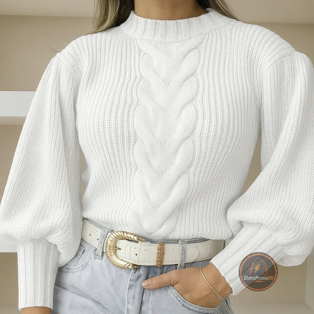 Blusa de frio feminina estilo blogueira com trança tendência 2025 blusa tricot manga bufante