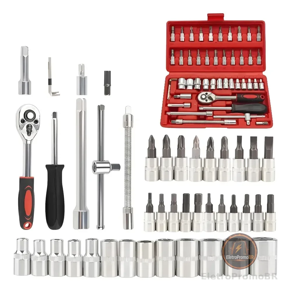 Kit Chaves Jogo Catraca Reversivel Soquetes 46 Pecas Maleta Vermelho
