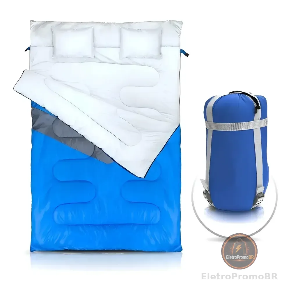 Saco De Dormir Casal Ou Solteiro 2,1m X 1,5m + 2 Travesseiros Micron Kuple Ntk Azul