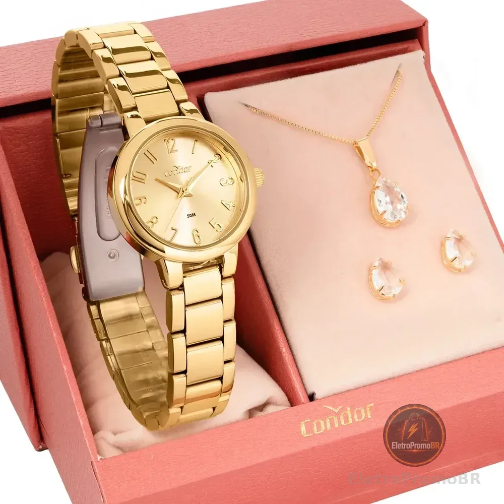 Kit Relógio Feminino Condor Com Colar E Brincos Co2035nmm/k4x Dourado Dourado