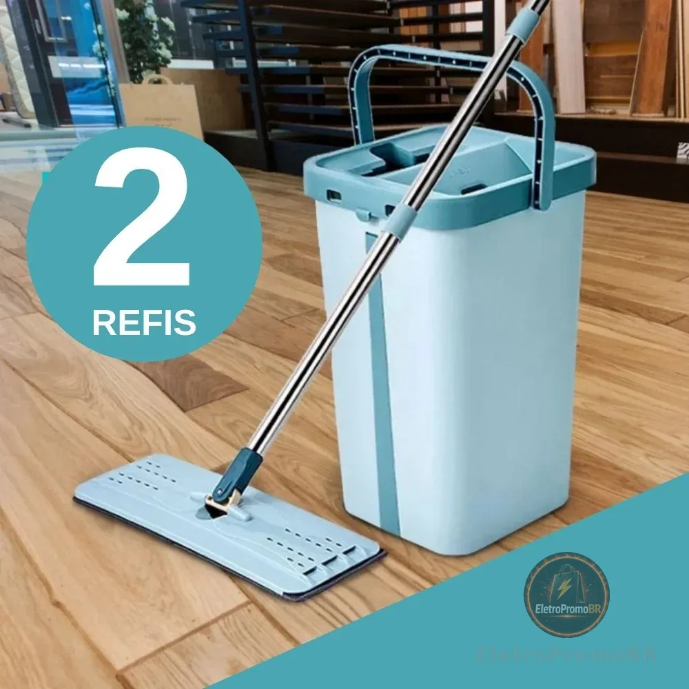 Mop Flat Balde 6 litros Com 2 Refis Com Cabo Extensivel Inox Grande
