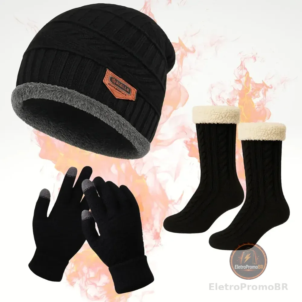 Kit De Frio Touca Gorro Luva Meia Sport Térmica Quentinho Preto Un Liso