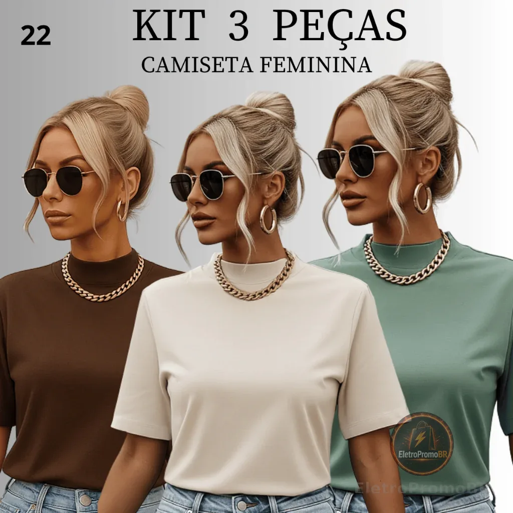 Kit 3 Blusas Feminina Blusinha T-shirt Oversized Gola Alta Lisa algodão macio
