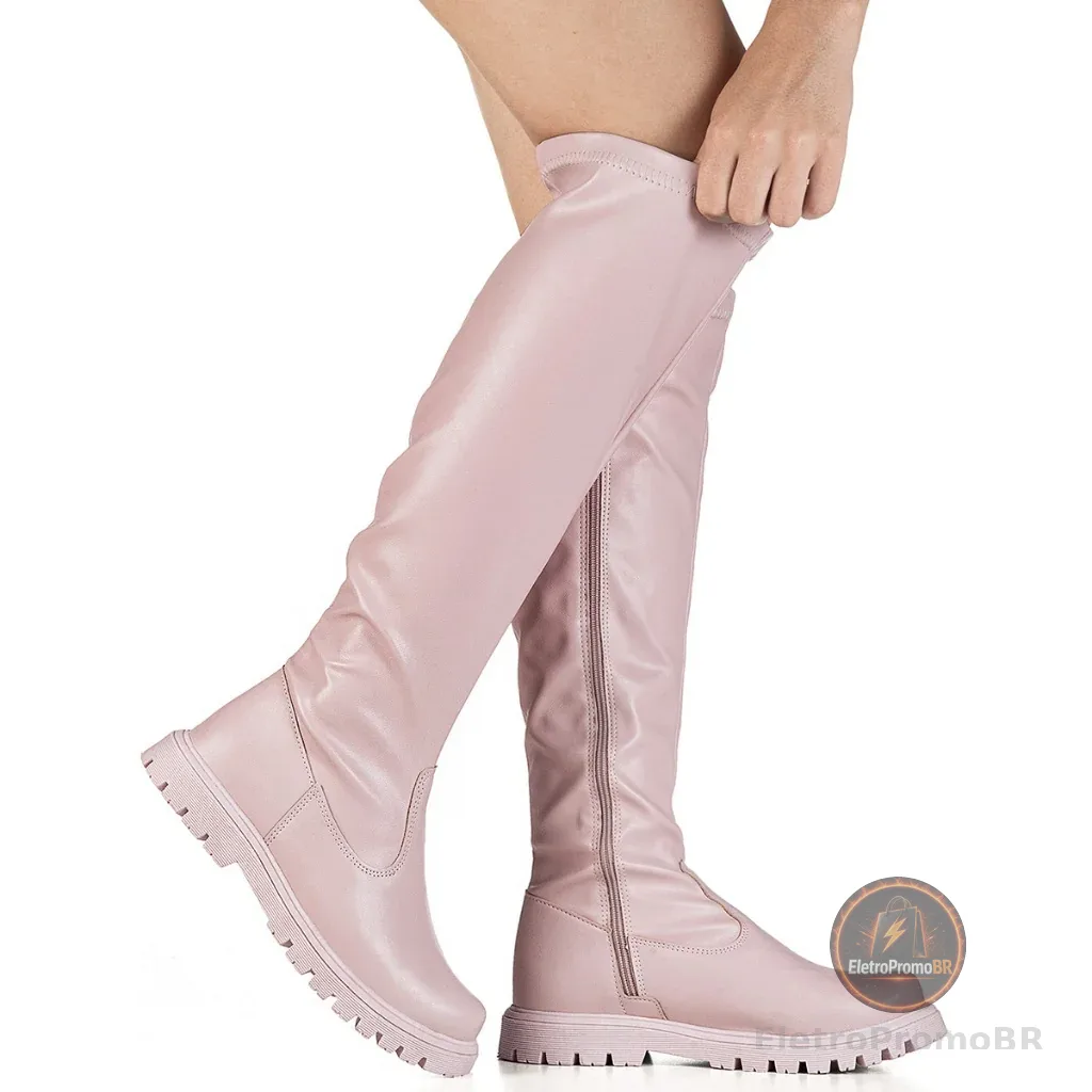 Bota Feminina Infantil Menina Over The Knee Sola Tratorada Bico Redondo Stretch Calce Fácil Confortável Elegante Moda