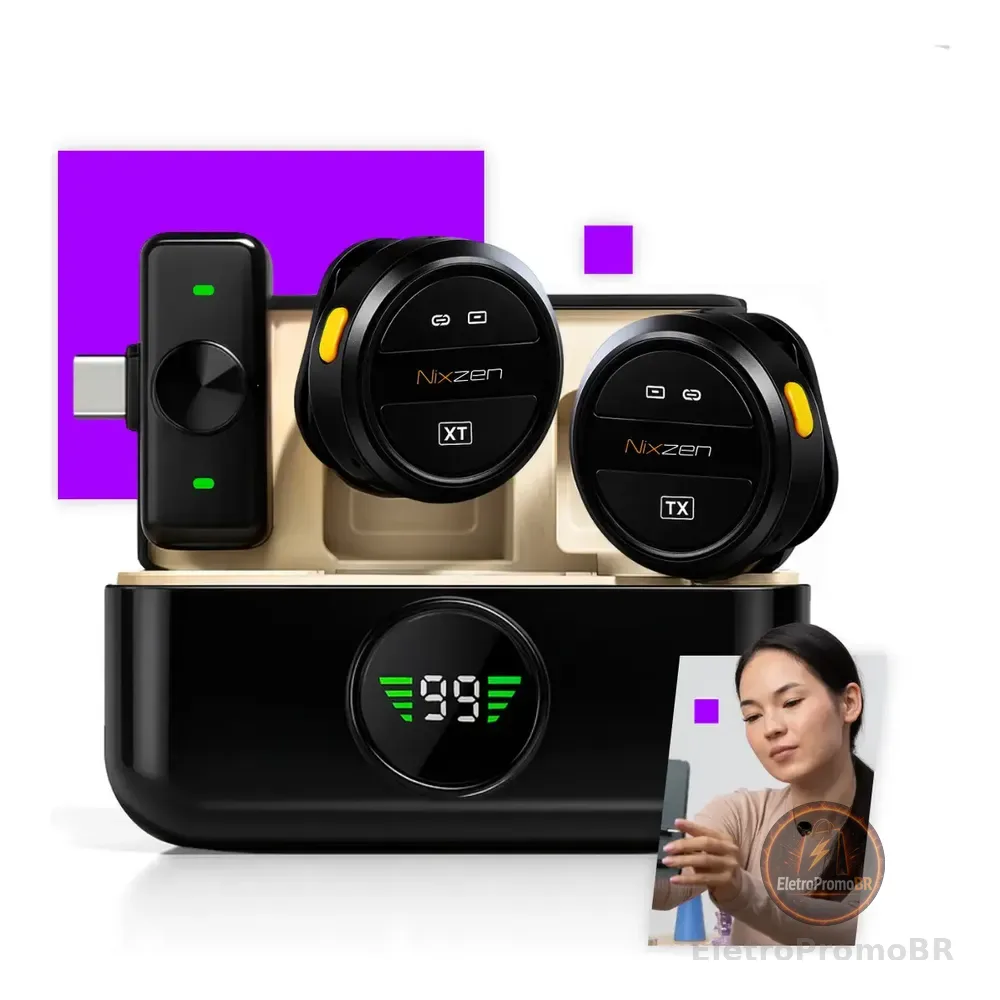 Microfone Lapela Redondo Sem Fio Tipo-c Duplo Anti Ruído P/ Android E iPhone 15 16 17 Com Caixinha Para Carregamento Cor Preto Nixzen