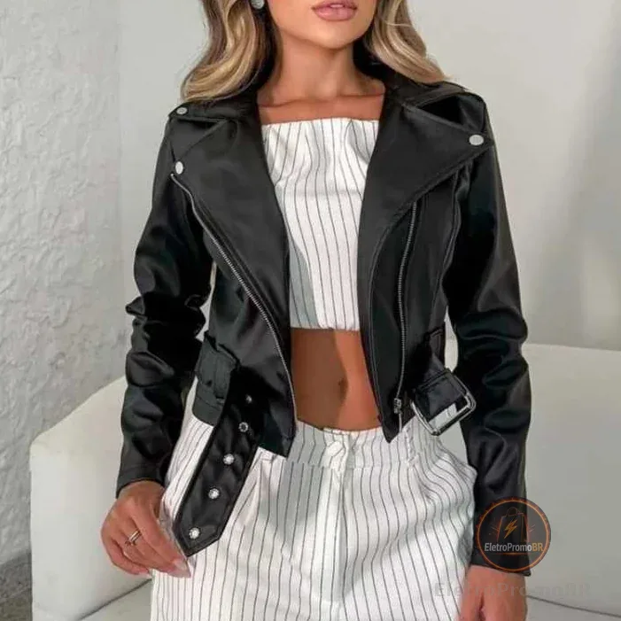 Jaqueta De Couro Feminina Com Ziper  Marrom  Inverno Elegante  Envio Imediato