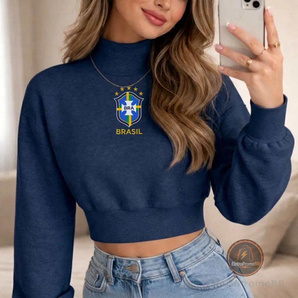 Blusa Feminina Moletom Flanelado Gola Alta Semi Cropped Blusa Copa do Brasil Estilosa Ribana