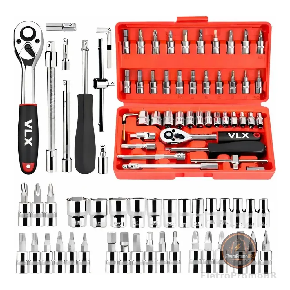 Kit Chaves Ferramentas Jogo Fenda Philips Catraca Soquete Allen 46 Peças Com Maleta Completa Manual Ideal Mecânico Manutenção Casa Carro Profissional Resistente Portátil Compacto Luztudo Vermelho