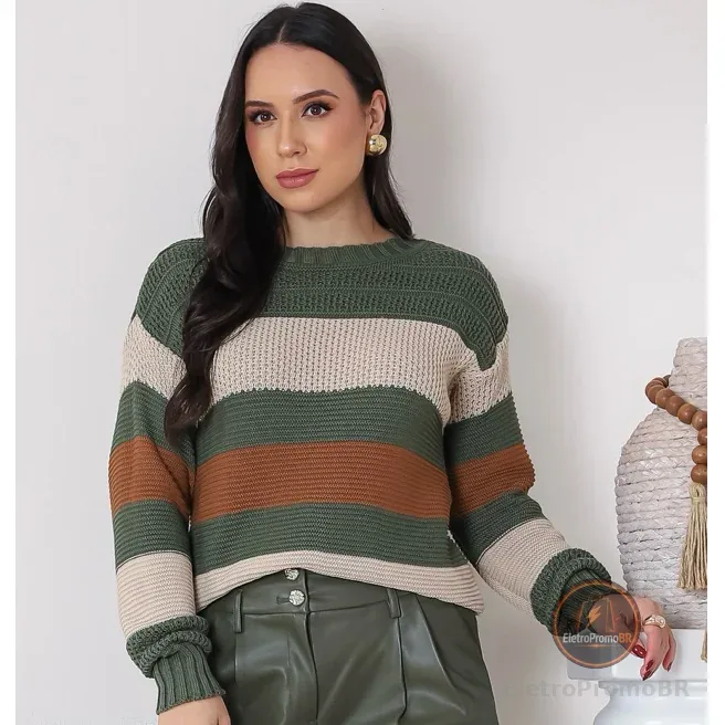 Blusa Feminina de Frio Listrada de Tricot Lã Premium Manga Longa Gola Redonda Lançamento Inverno