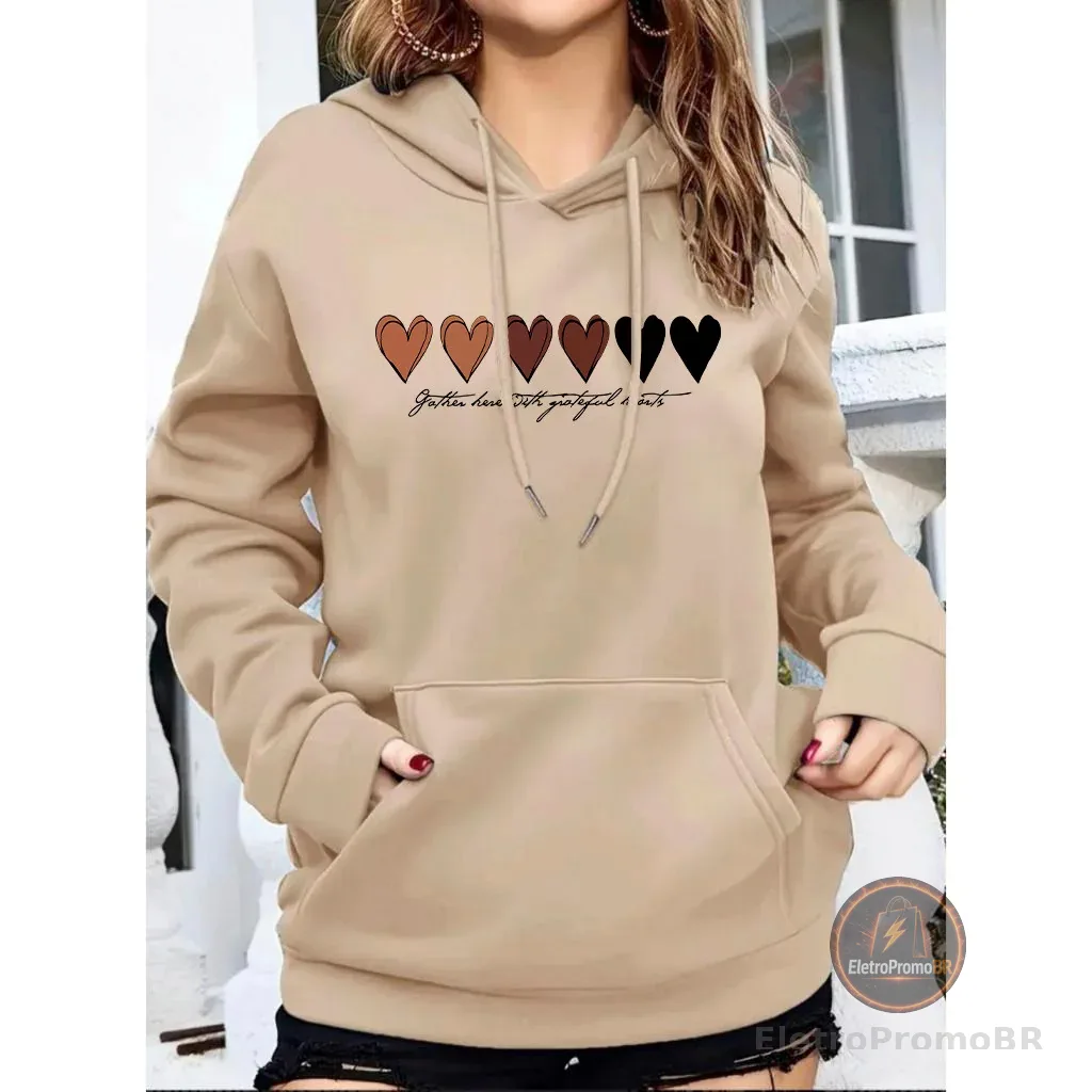 Moletom Corações Feminino Blusa De Frio Tumblr Abrigo Capuz e Bolso Casaco Premium Algodão