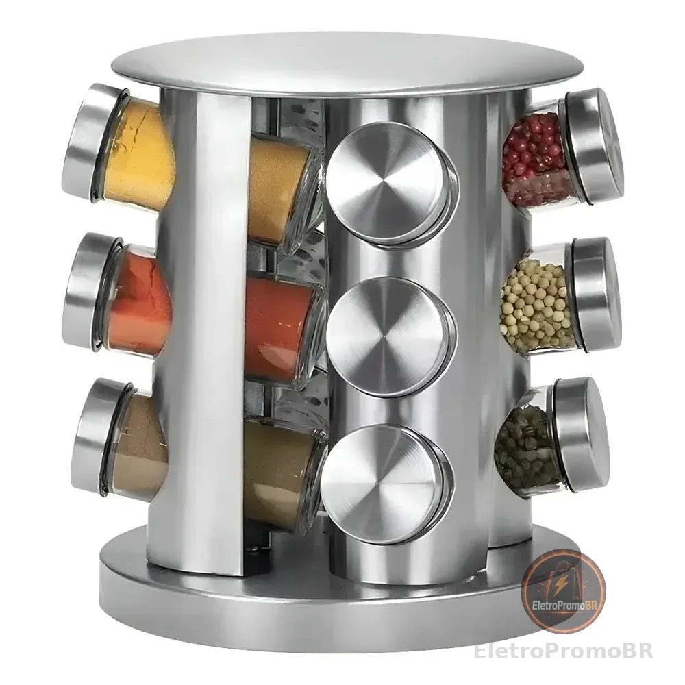 Porta-tempero Giratório Inox Futuro Casa Com 12 Potes Vidro De 80ml