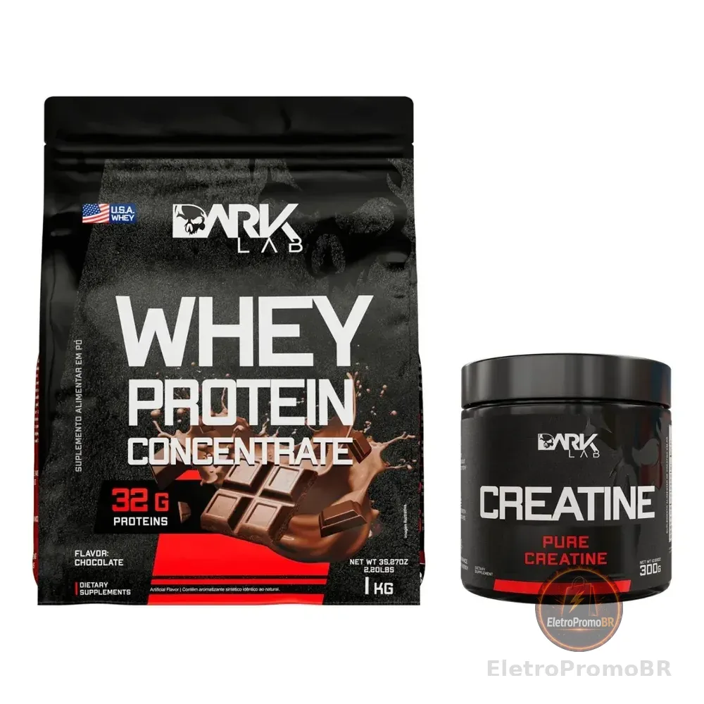 Whey Protein Concentrado 1kg Dark Lab Sabor Chocolate + Creatina Monohidratada Em Pote 300g 100% Pura Dark Lab