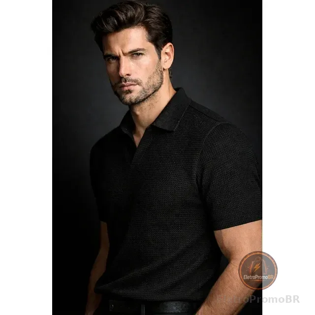Camisa Camiseta Polo Masculina Texturizada Sem Botão