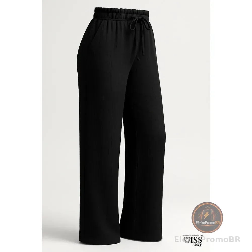 Calça Feminina Alfaiataria Wide Leg Social Pantalona Preta Gg
