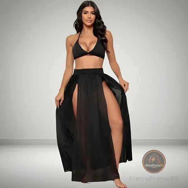 Saída De Praia Longa Fenda Acinturada Verão Saia Tule Moda