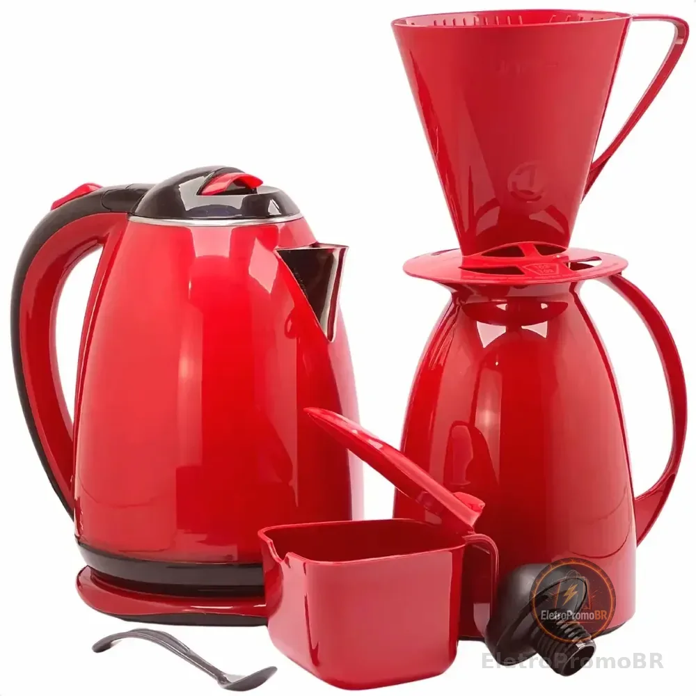 Kit Chaleira Elétrica Garrafa Térmica Açucareiro Filtro Vermelho 220v
